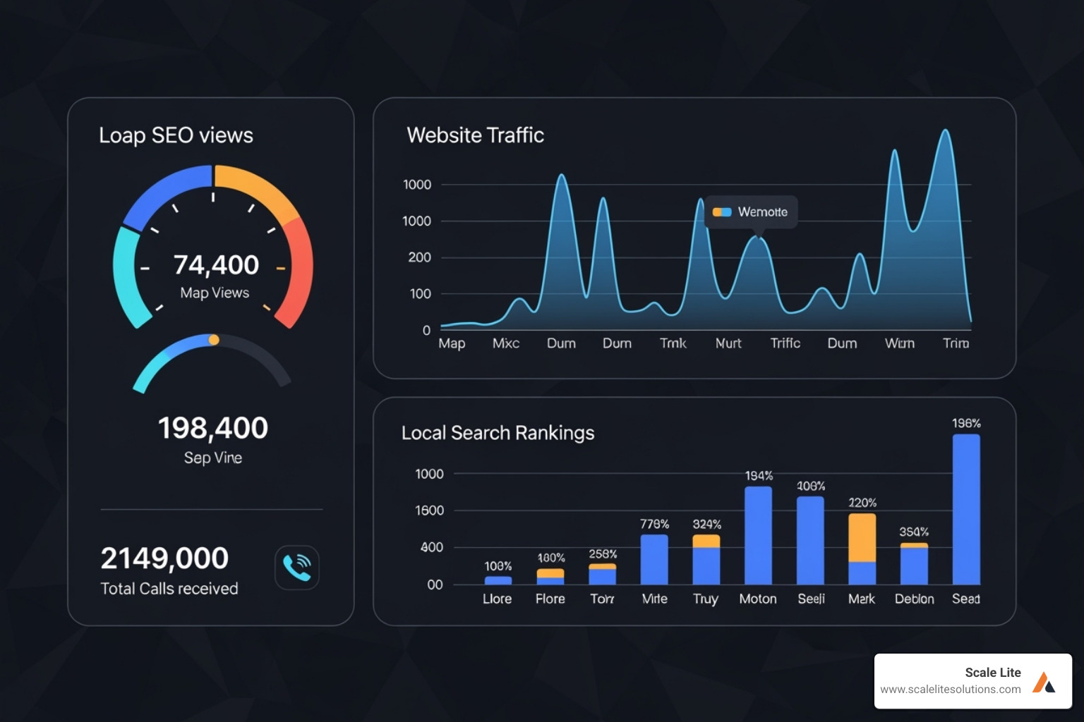A performance dashboard showing KPIs like website traffic, map views, and phone calls from a local SEO campaign - local seo service company A performance dashboard showing KPIs like website traffic, map views, and phone calls from a local SEO campaign - local seo service company
