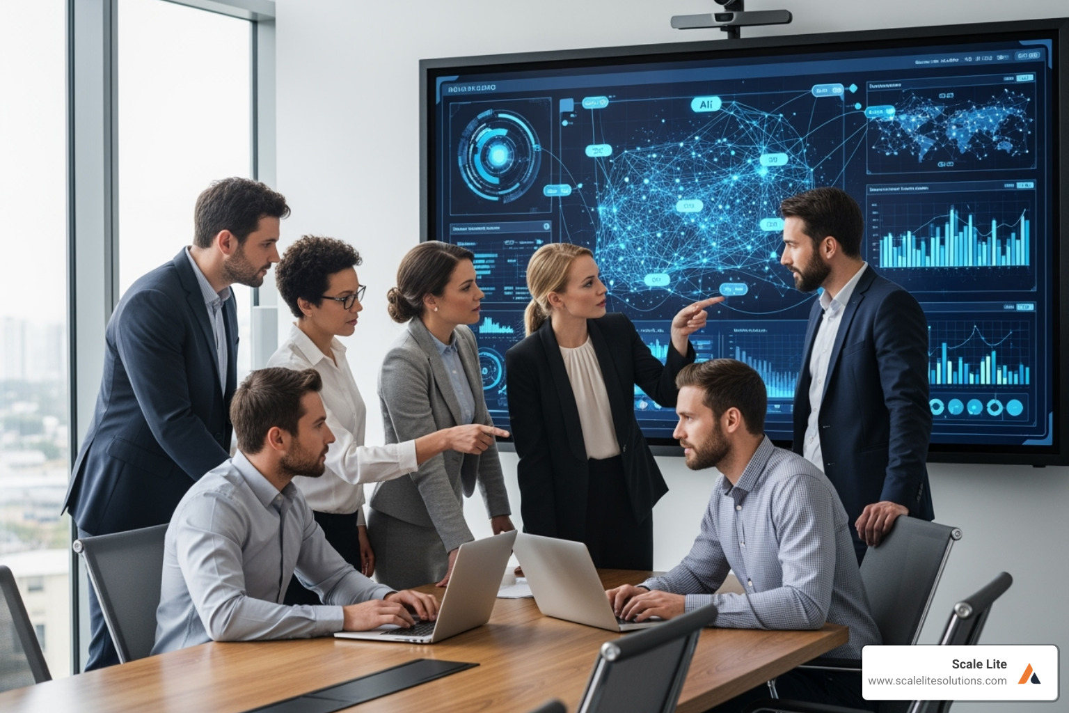Diverse team collaborating around a large screen displaying AI-driven data visualizations - AI-powered business growth Diverse team collaborating around a large screen displaying AI-driven data visualizations - AI-powered business growth