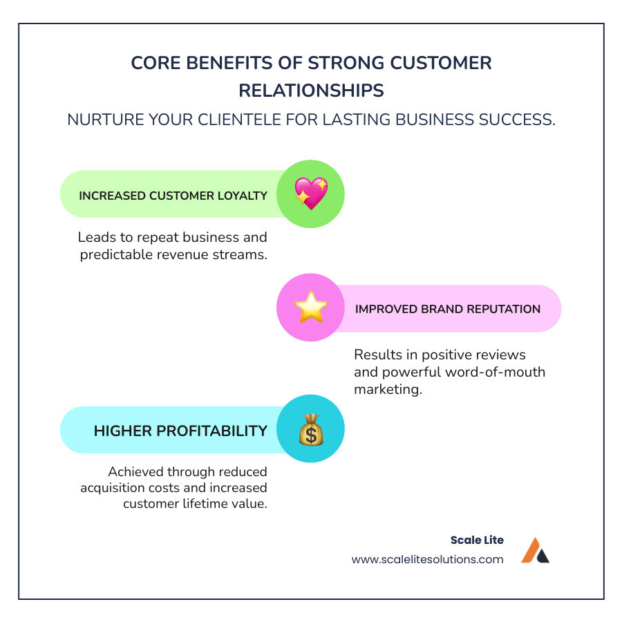 Infographic showing the core benefits of strong customer relationships: Increased Customer Loyalty leading to repeat business and predictable revenue, Improved Brand Reputation resulting in positive reviews and word-of-mouth marketing, and Higher Profitability through reduced acquisition costs and increased customer lifetime value - improve customer relationship management infographic infographic-line-3-steps-colors