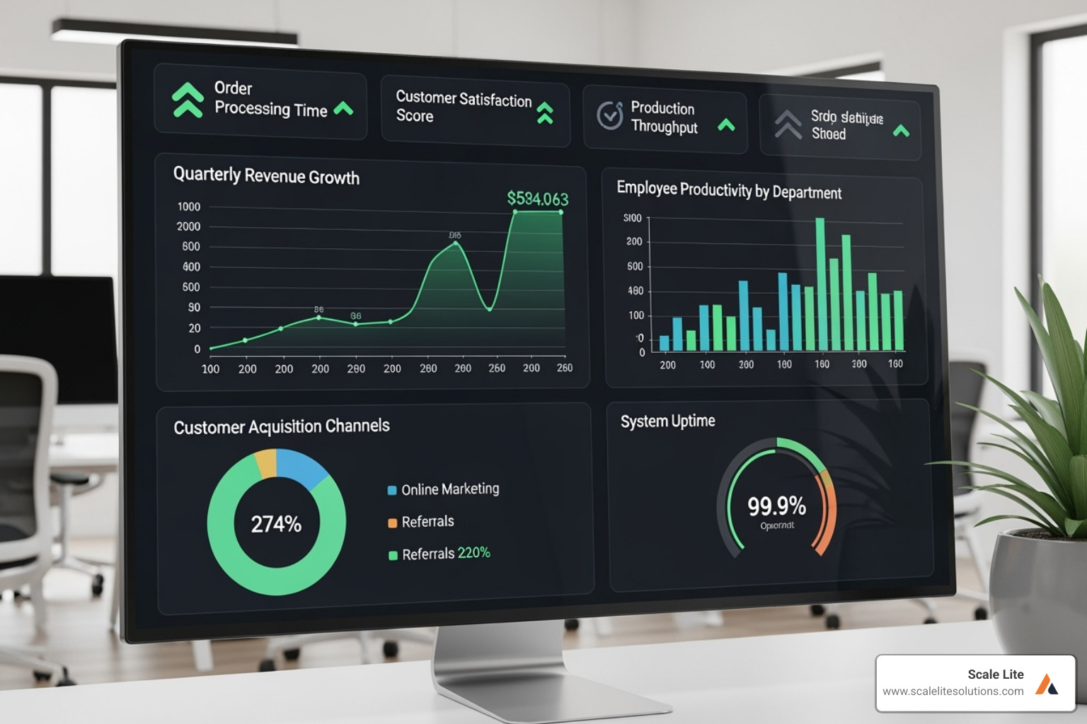 dashboard showing key operational metrics like 'Downtime Reduced' and 'Customer Satisfaction Increased' - AI driven efficiency