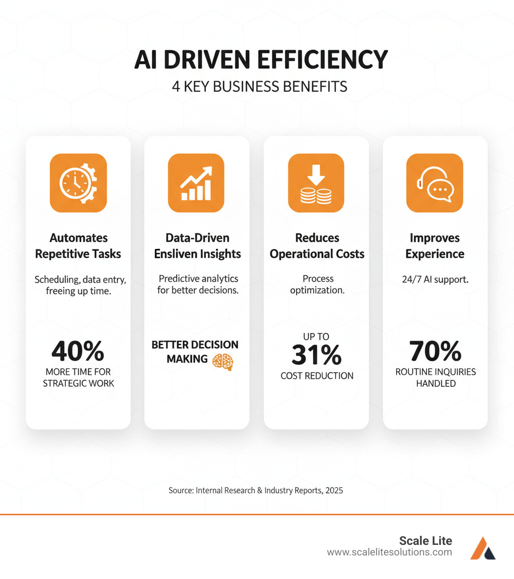 Infographic showing four key benefits of AI for business efficiency: 1. Automates repetitive tasks like scheduling and data entry, freeing up 40% more time for strategic work, 2. Provides data-driven insights through predictive analytics for better decision making, 3. Reduces operational costs by up to 31% through process optimization, 4. Improves customer experience with 24/7 AI support handling 70% of routine inquiries - AI driven efficiency infographic 