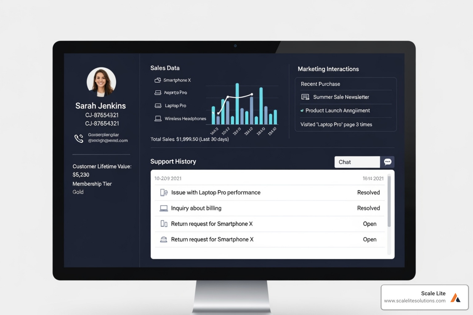 Customer service agent's dashboard showing a complete customer profile with data from sales, marketing, and support - CRM integration services