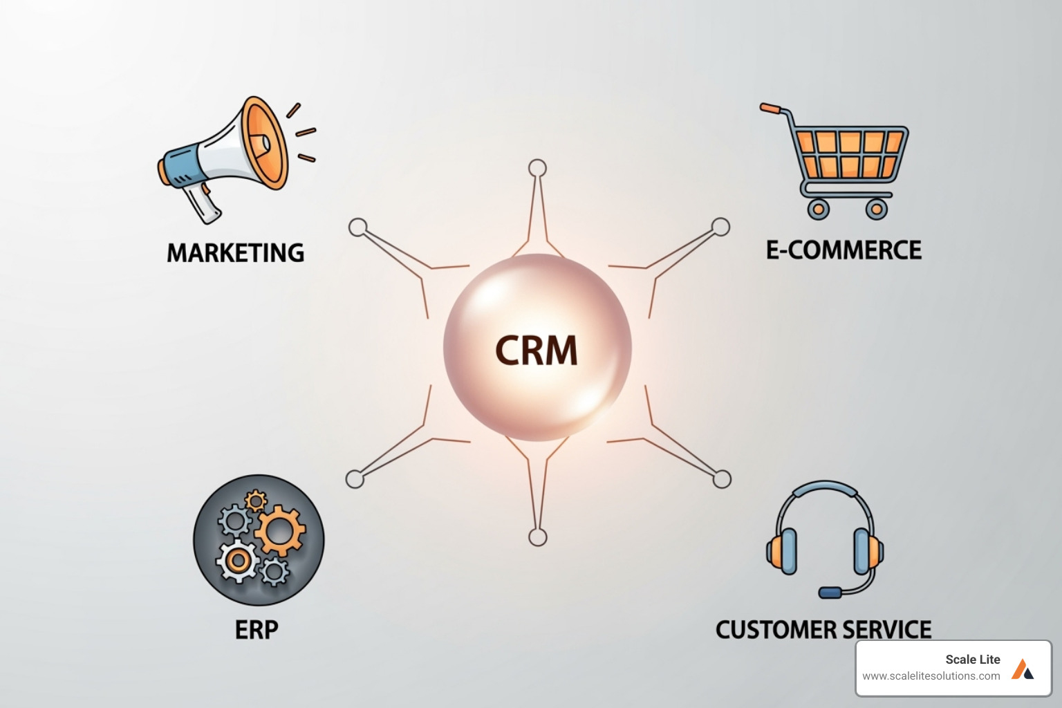CRM with spokes to Marketing, E-commerce, ERP, Customer Service icons - CRM integration services