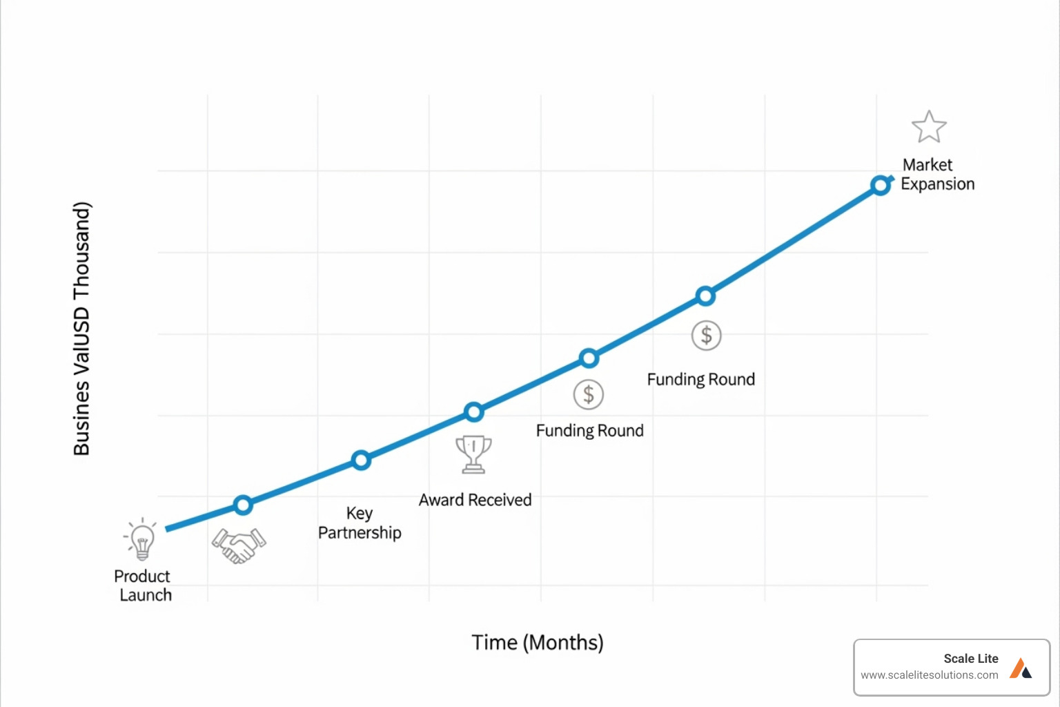 graph showing increasing business value over time with key milestones - best business broker for small business valuation
