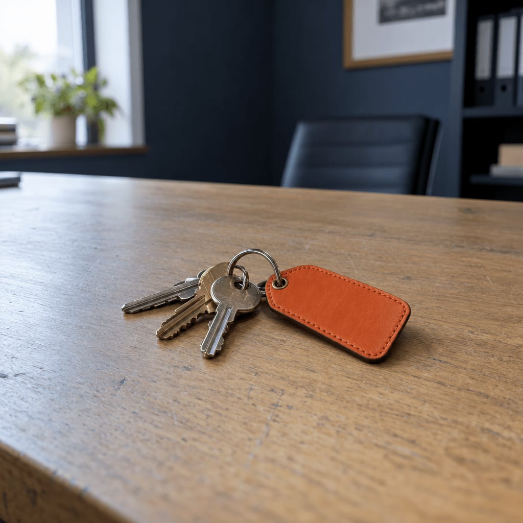 A ring of three keys with a blank orange leather tag on a wooden desk in a small office with a navy wall.