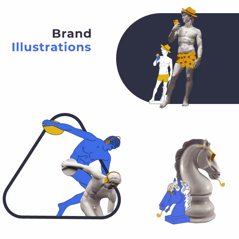 Stylised illustrations of classical statues with modern accessories, reflecting Skyrock’s Vaporwave-inspired brand theme.