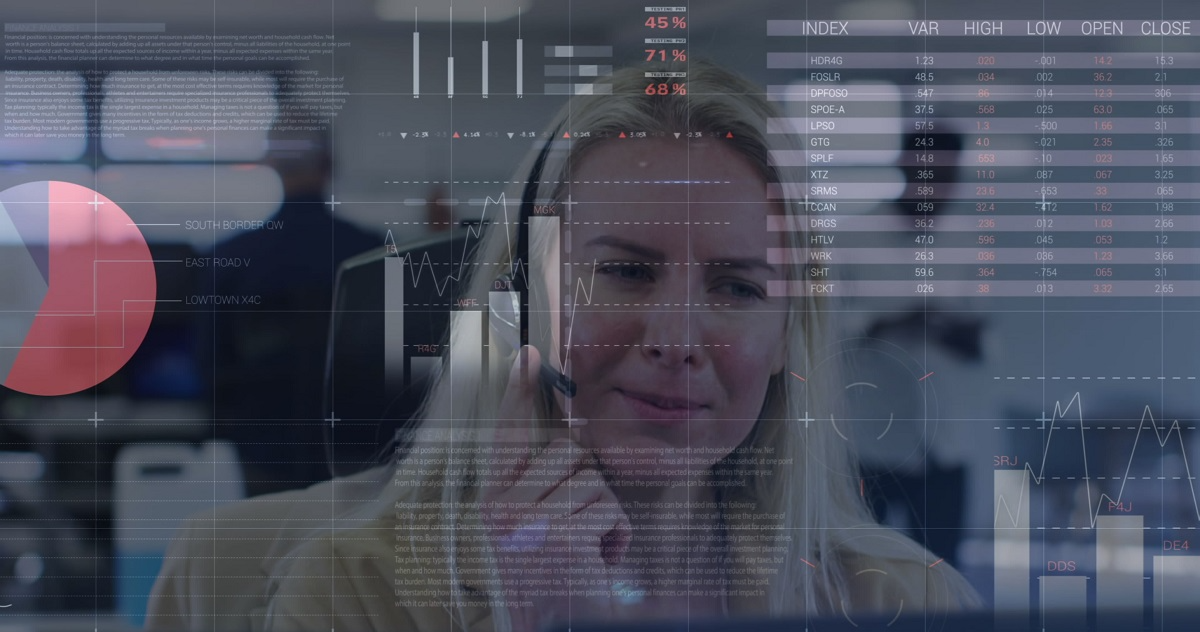 Woman using smartphone with financial data and analytics overlay, representing real-time monitoring and fraud detection