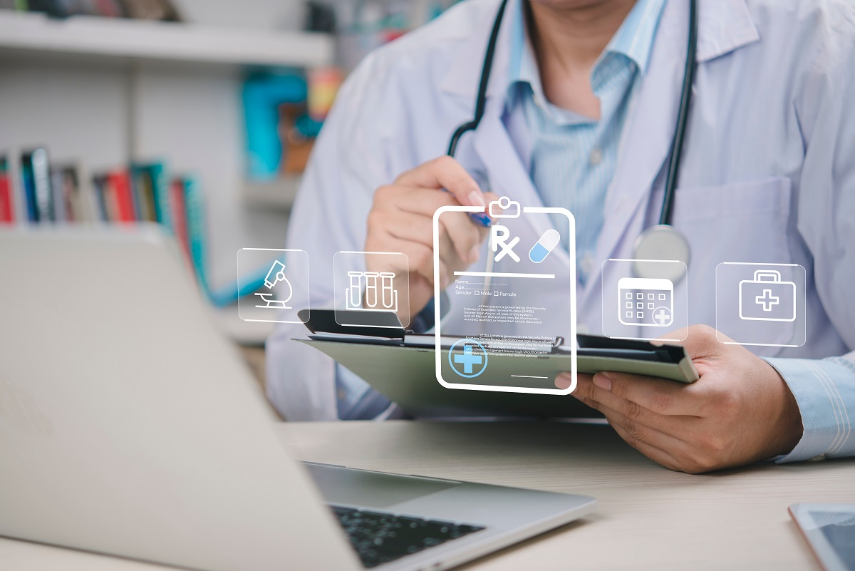 Doctor using tablet with digital prescription and patient data interface for secure healthcare management