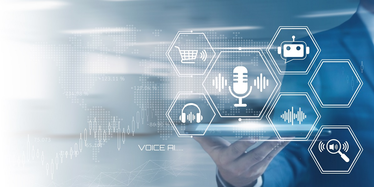 Digital interface displaying voice AI and audio analytics icons over a global network background, symbolizing AI monitoring for real-time conversation intelligence, fraud prevention, and customer experience insights.