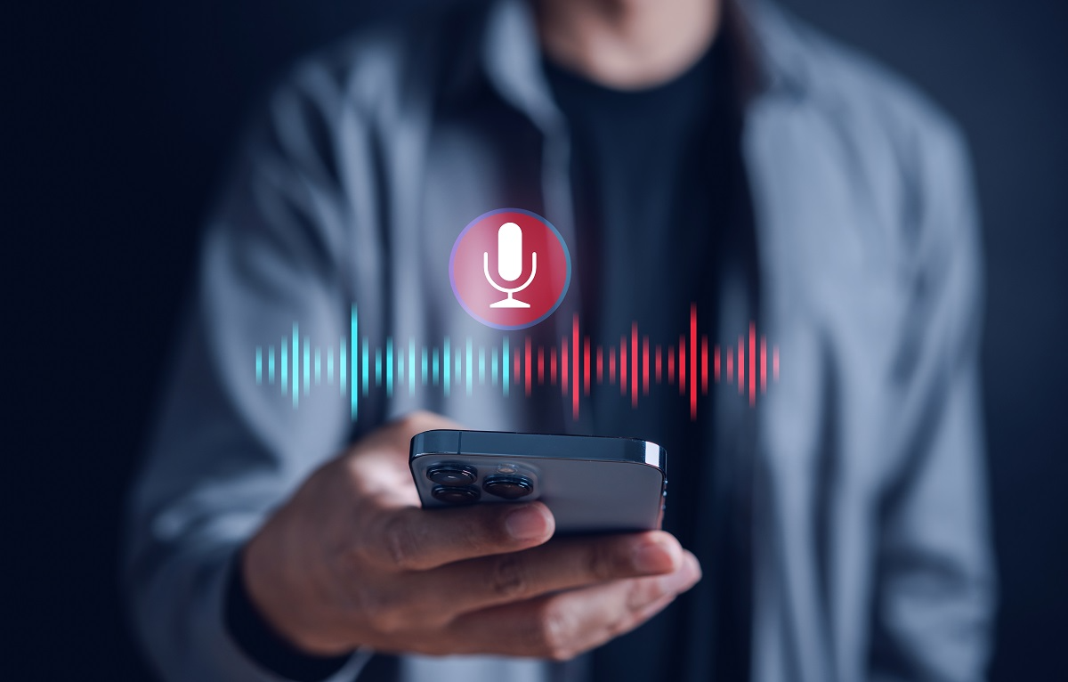 Digital interface displaying voice AI and audio analytics icons over a global network background, symbolizing AI monitoring for real-time conversation intelligence, fraud prevention, and customer experience insights.