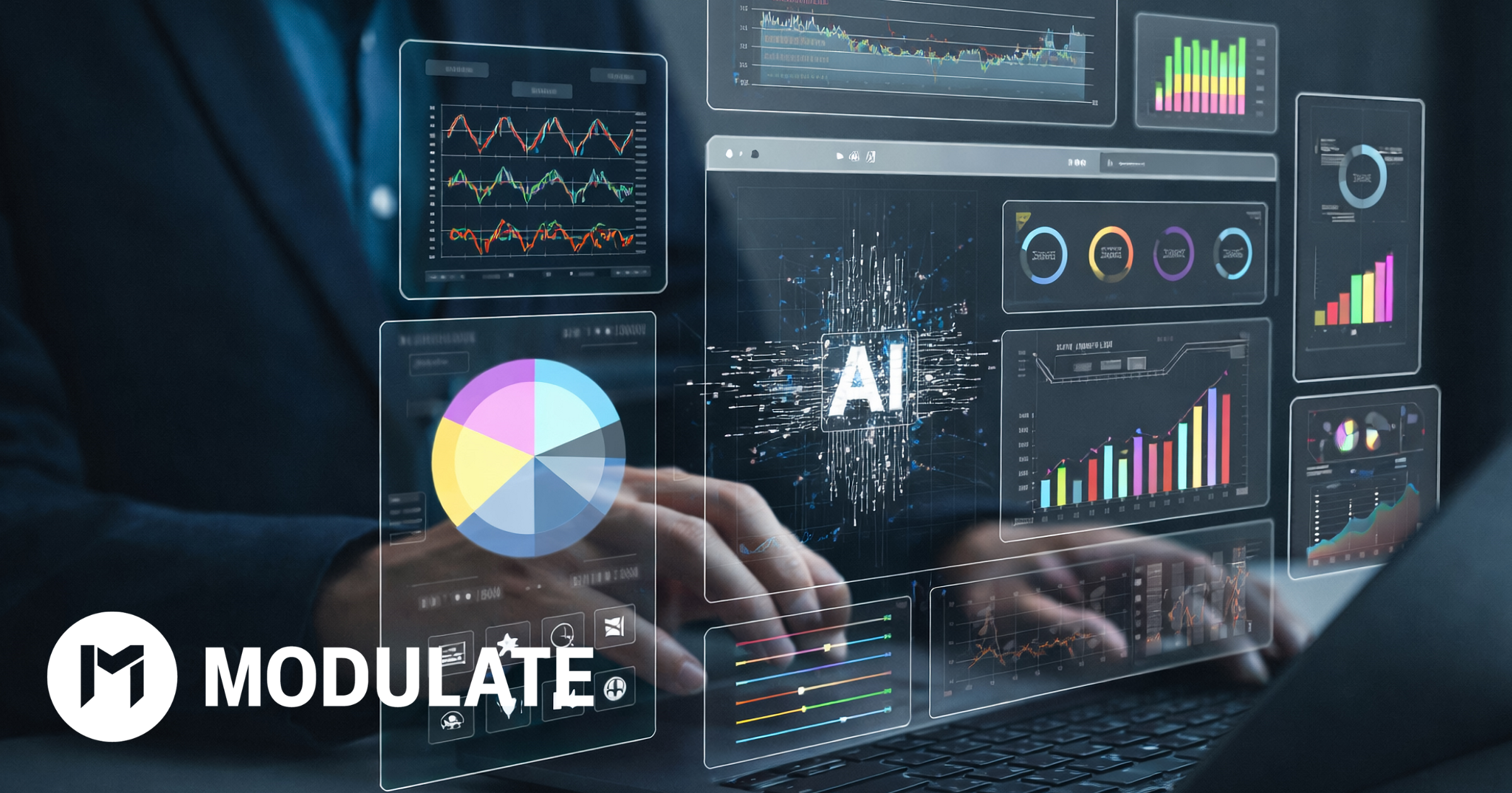 AI monitoring dashboard with charts and performance metrics displayed over a person working on a laptop.