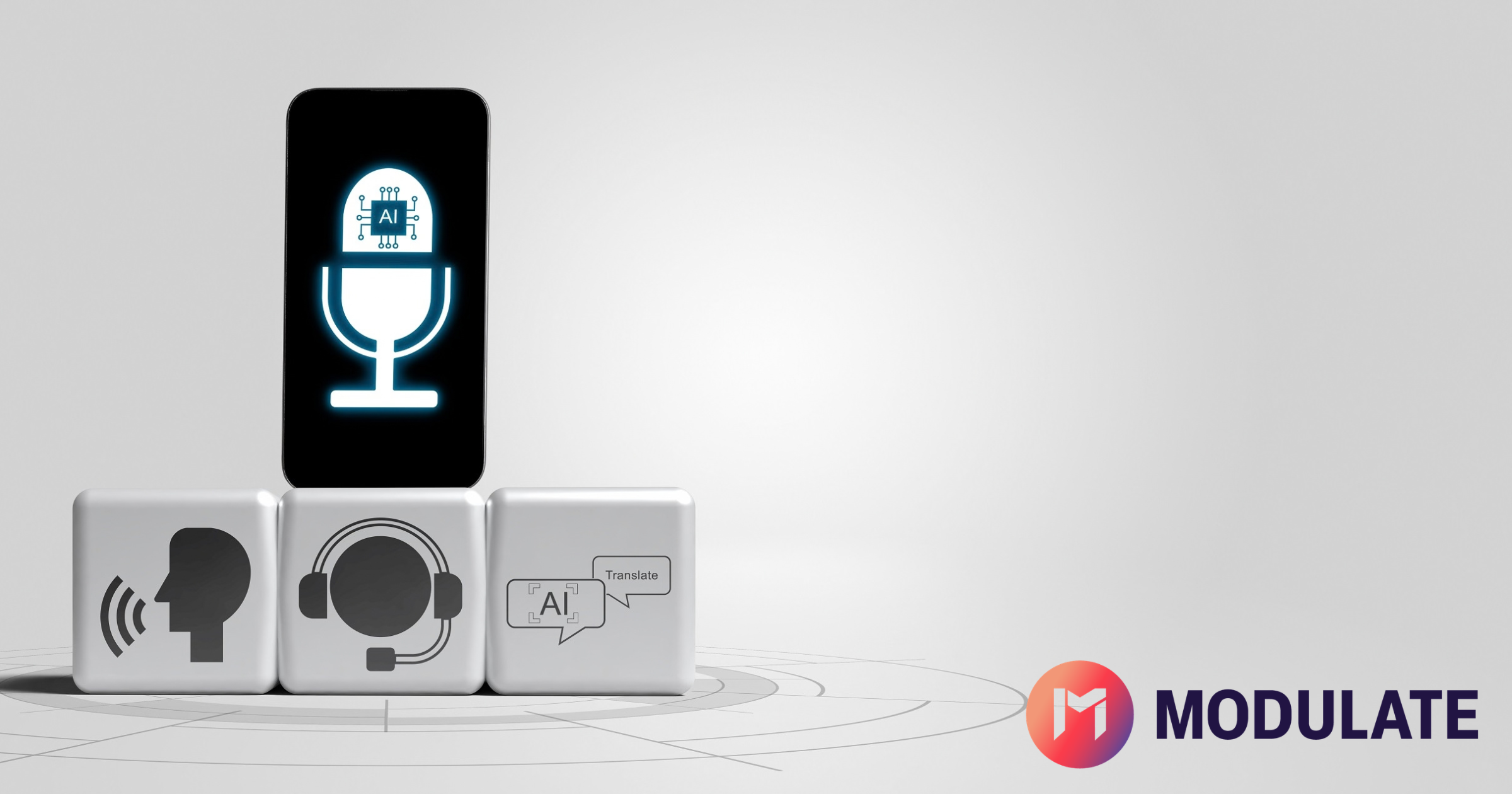 AI-powered transcription concept with microphone, headset, speech and translation icons representing speech-to-text technology.