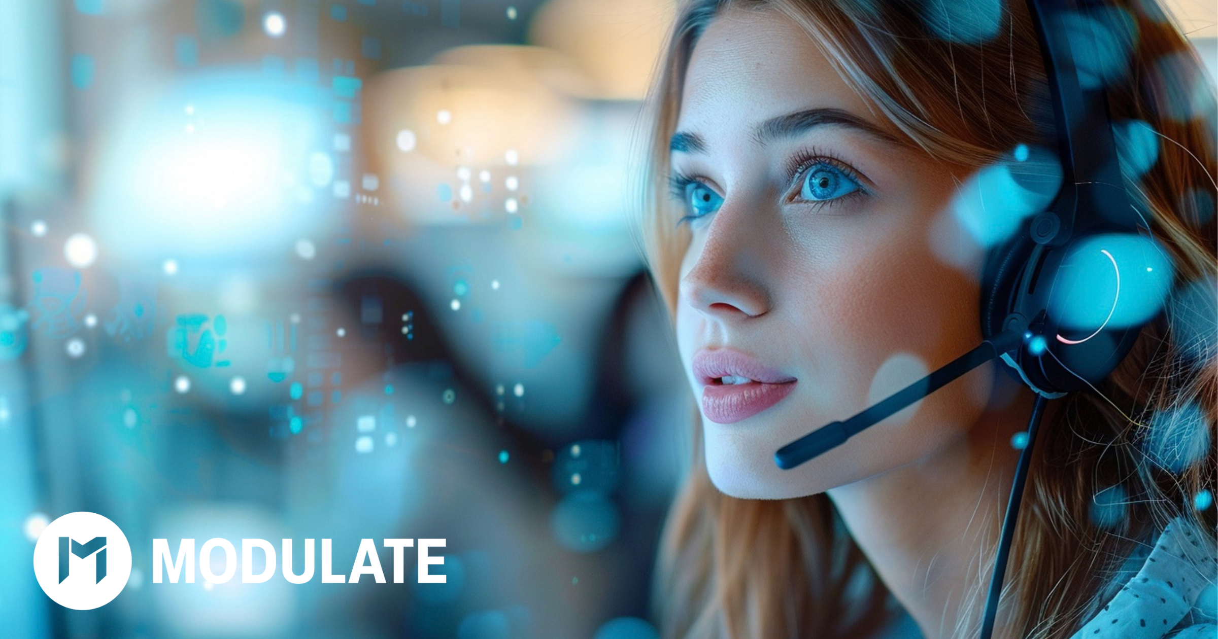 Customer service agent wearing a headset representing AI-powered sentiment analysis software for contact center conversations.