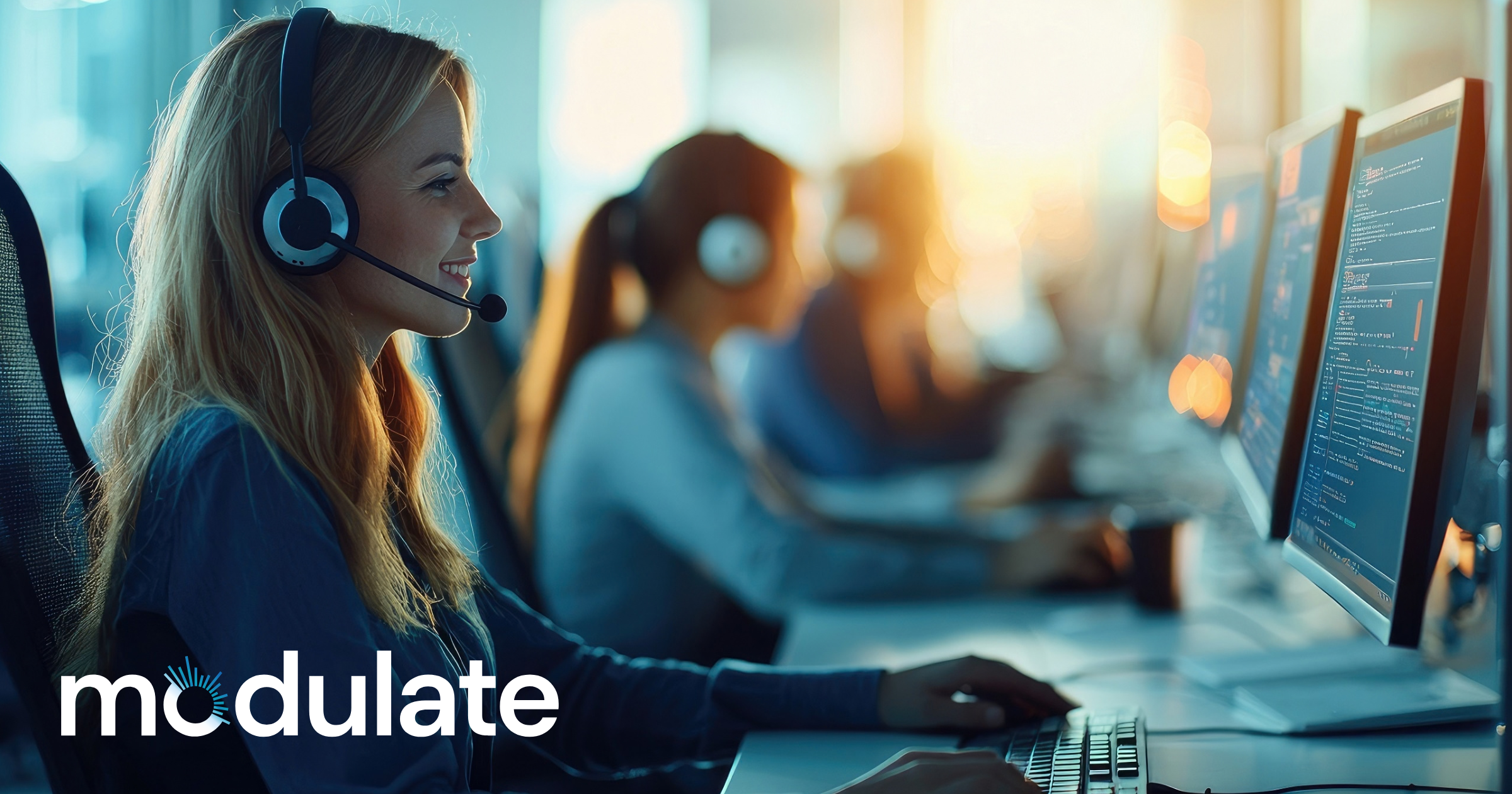 Call center agents using voice analytics software.