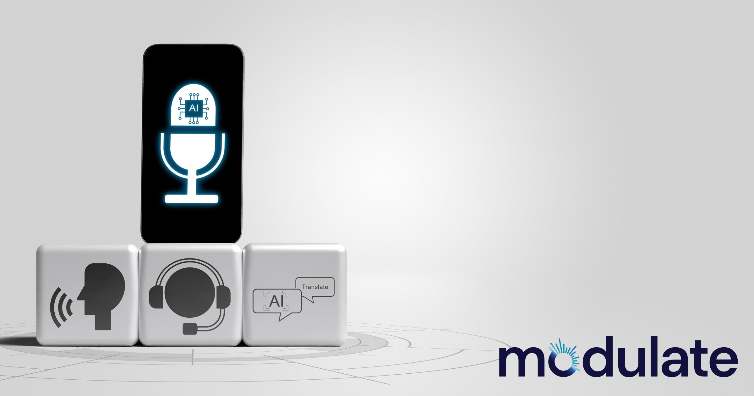 AI-powered transcription concept with microphone, headset, speech and translation icons representing speech-to-text technology.