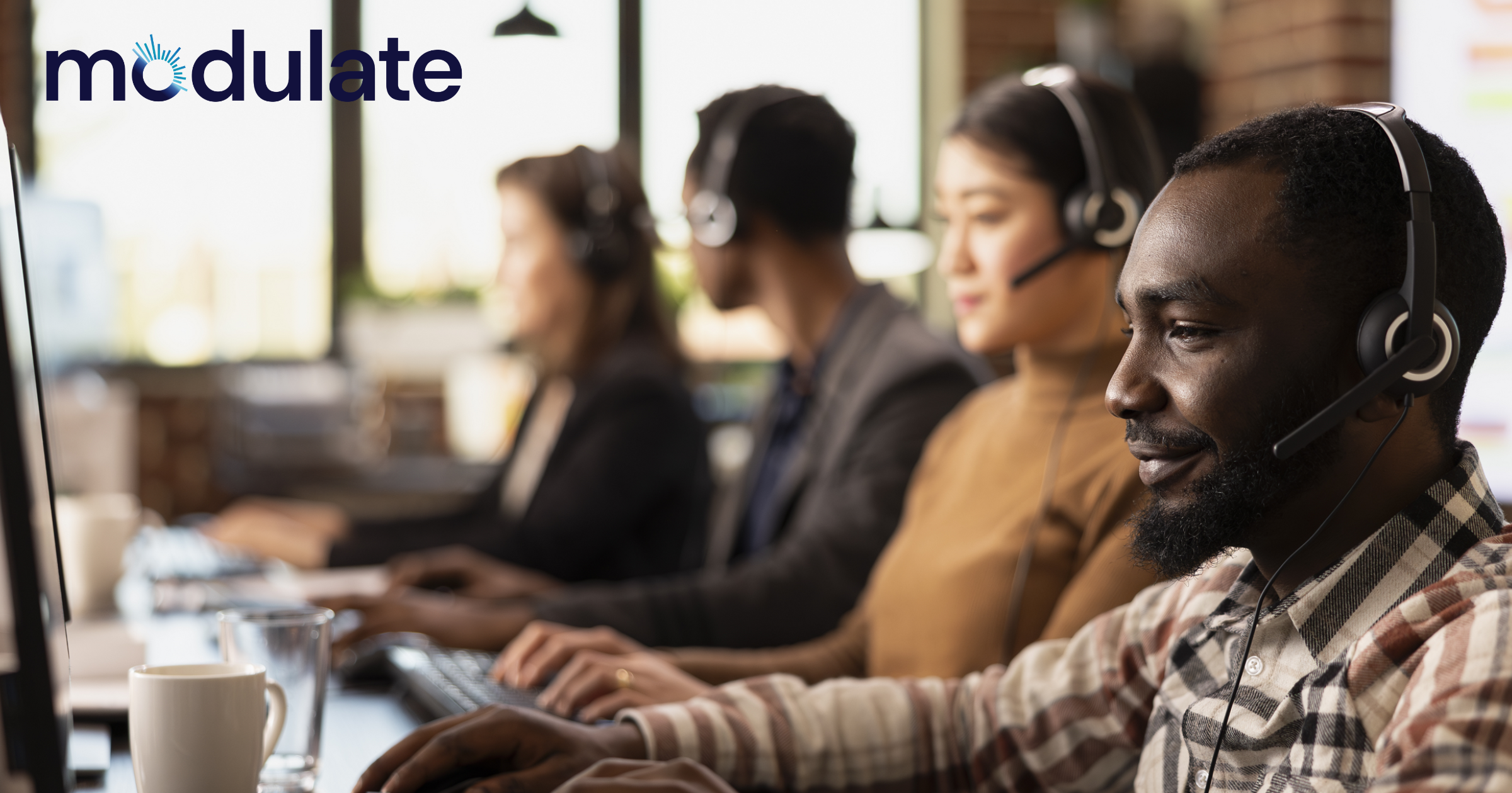 Call center agents working in a call center.