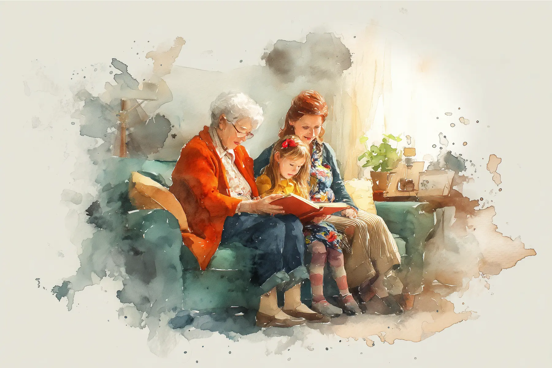 An image generated with ai in watercolor depicting three generations of family reading together