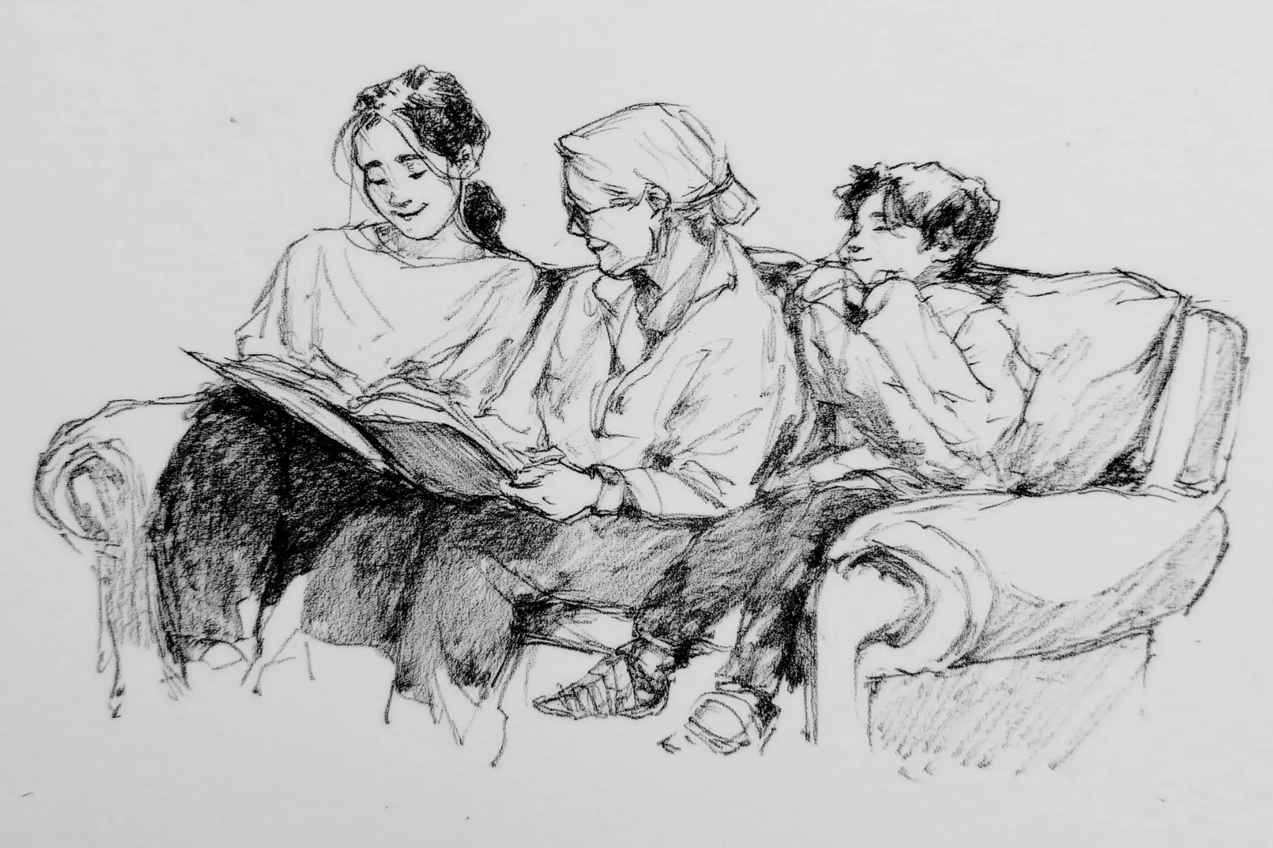 An image generated with ai in pen sketch depicting three generations of family reading together