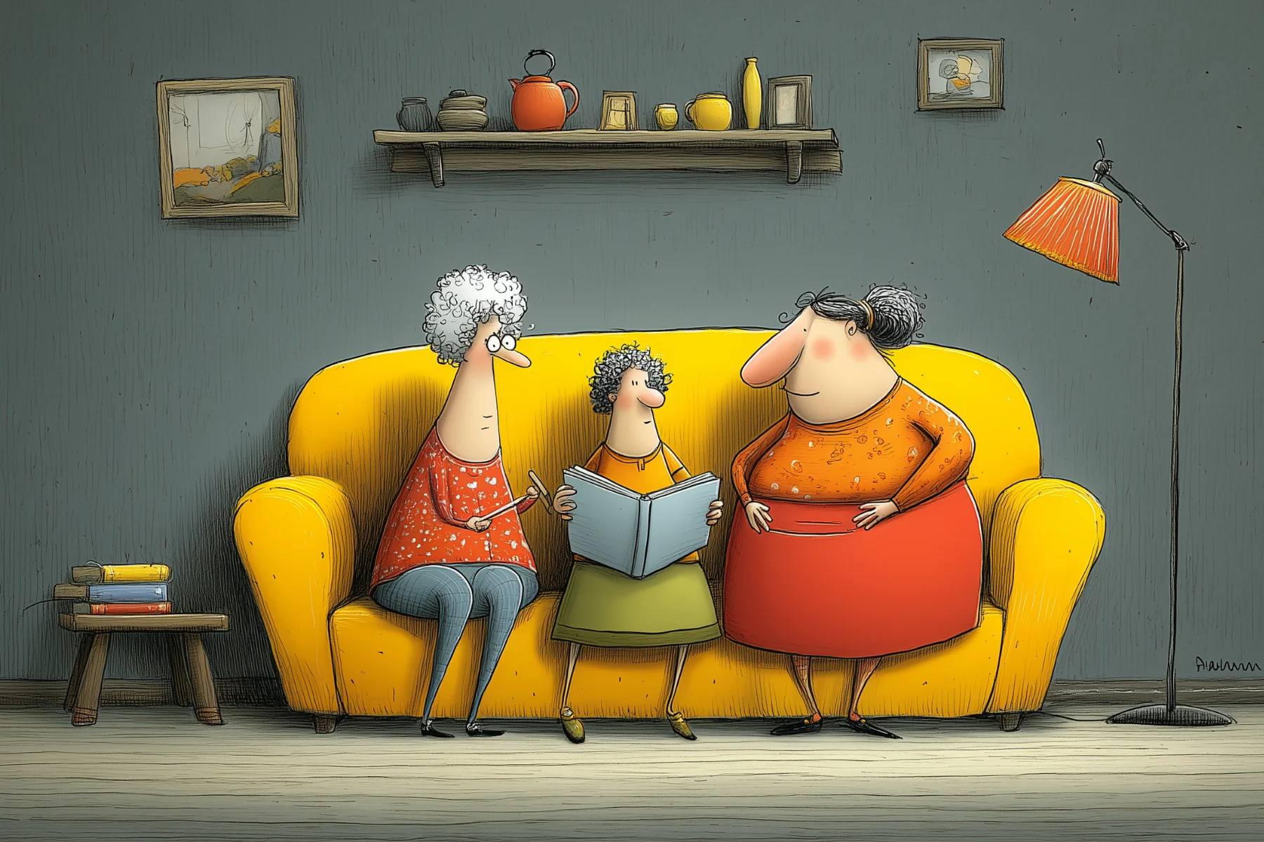 An image generated with ai in cartoon style depicting three generations of family reading together