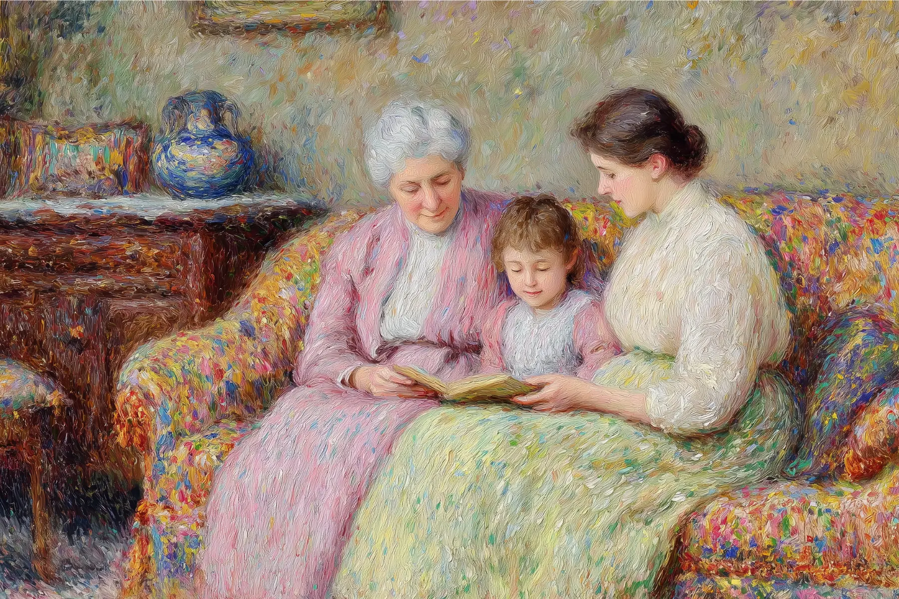 An image generated with ai in oil paints depicting three generations of family reading together