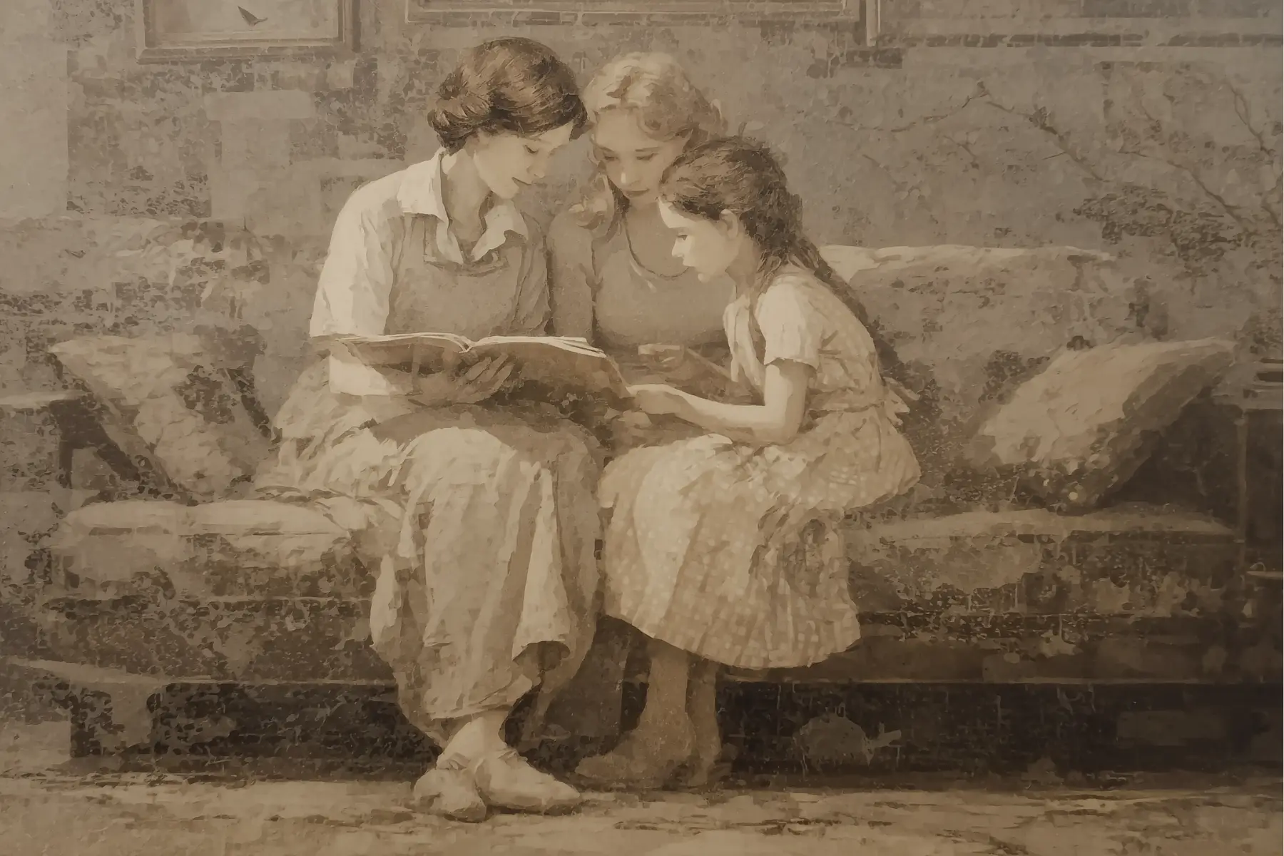 An image generated with ai in vintage photography depicting three generations of family reading together