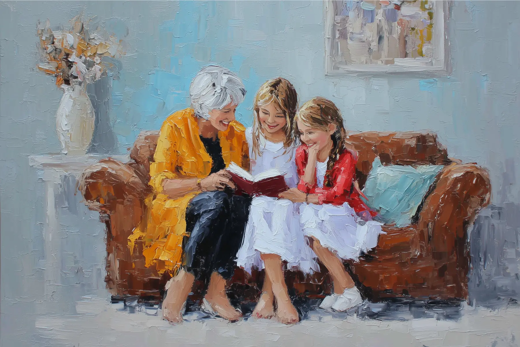 An image generated with ai in oil depicting three generations of family reading together