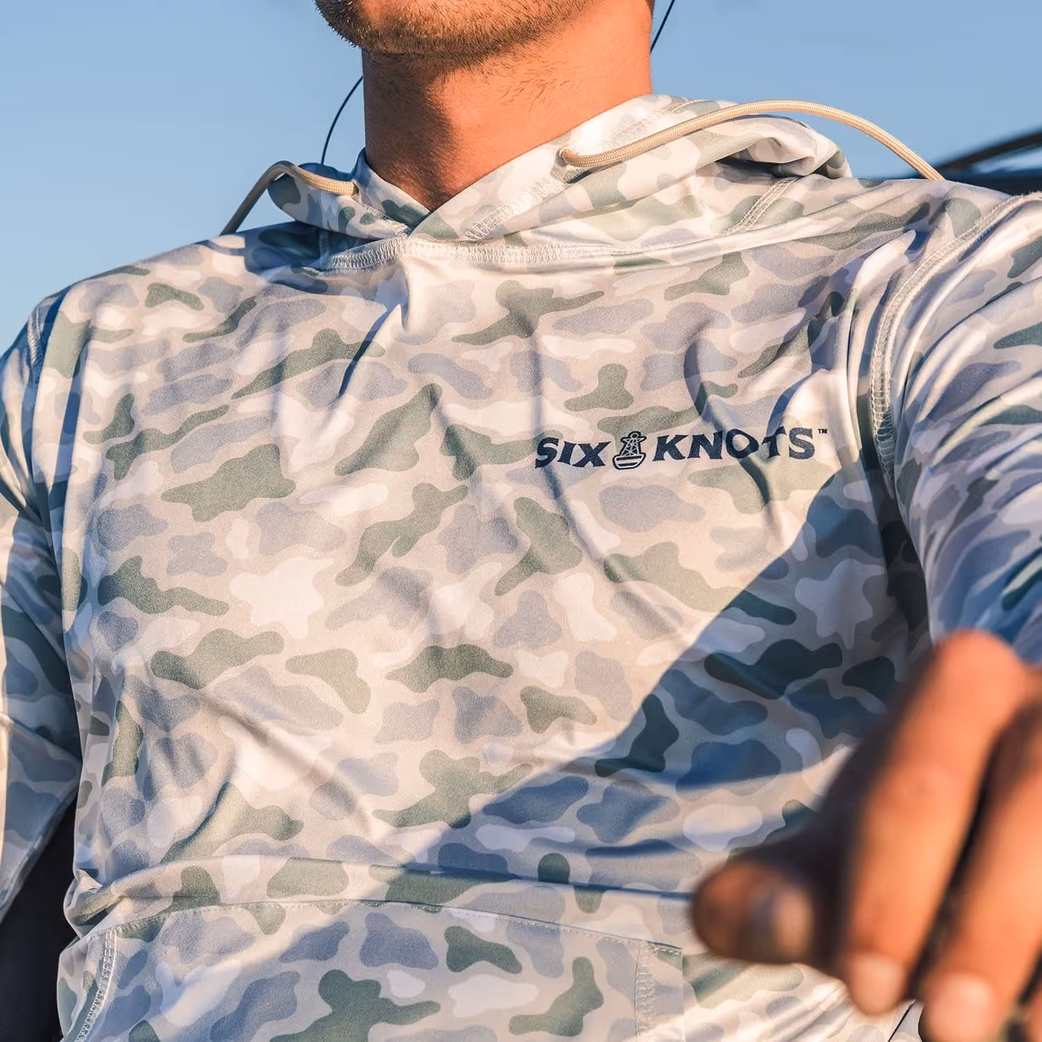 Man airboating in Wetlands-pattern Six Knots Chesapeake Performance Hoodie – Lightweight Boating Apparel