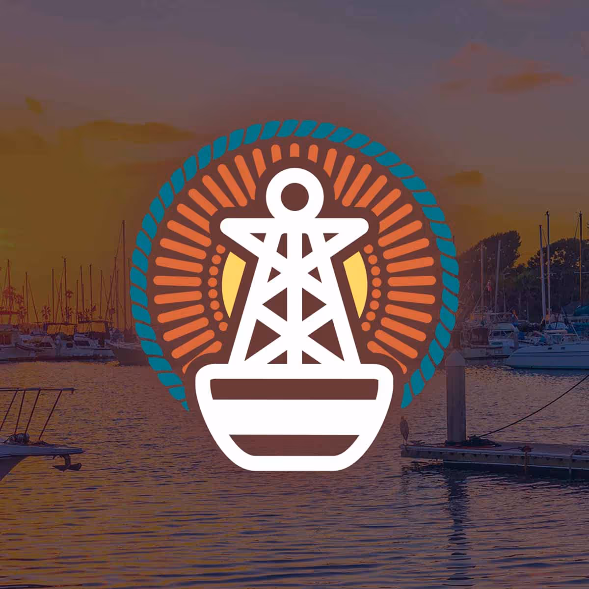 Original Six Knots logo displayed prominently over a scenic marina backdrop at sunset, highlighting the brand’s connection to boating, coastal lifestyle, and waterfront adventures.