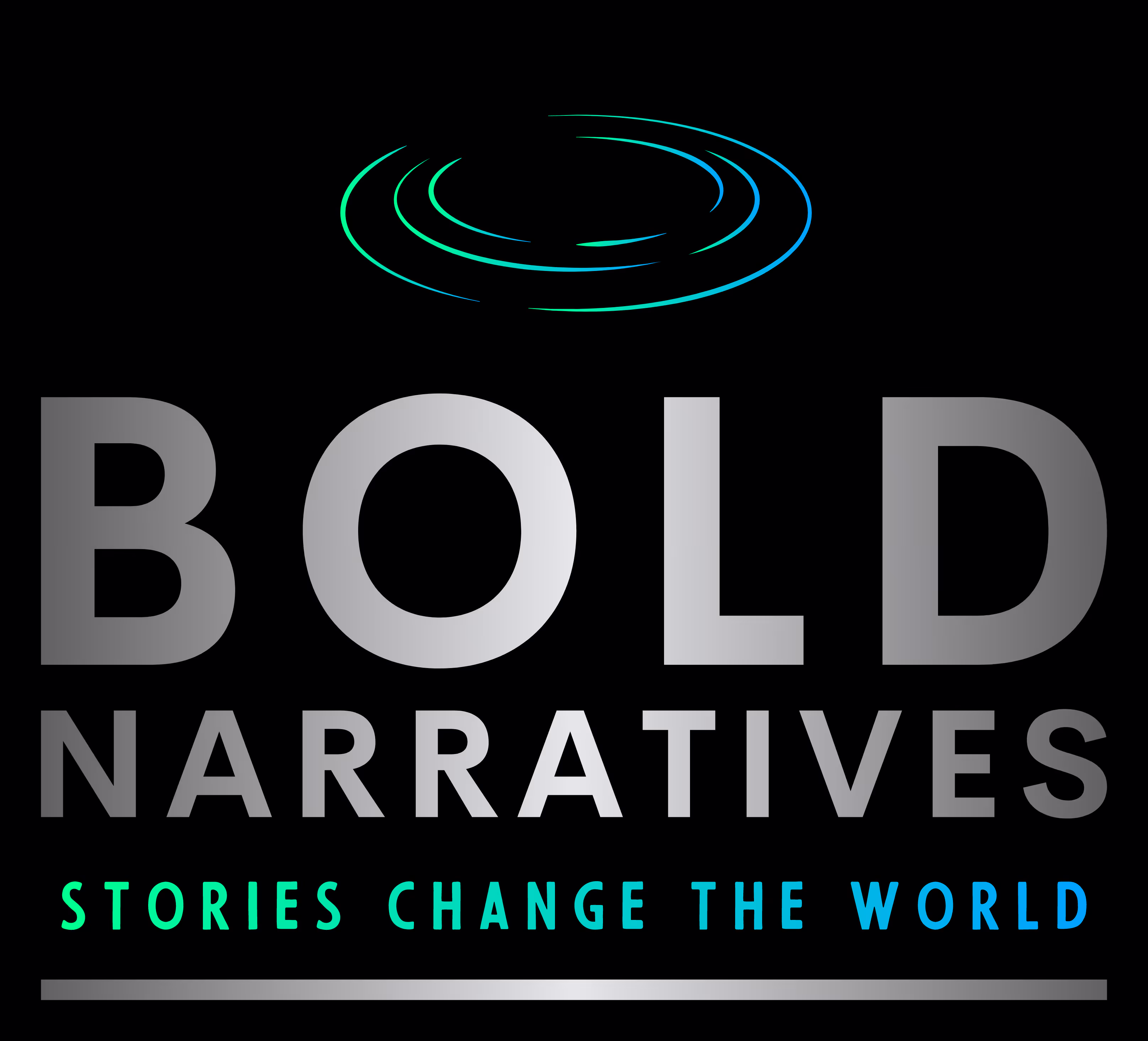 A logo for Bold Narratives with a tagline that says "Stories Change the World" with a pool of blue and green above