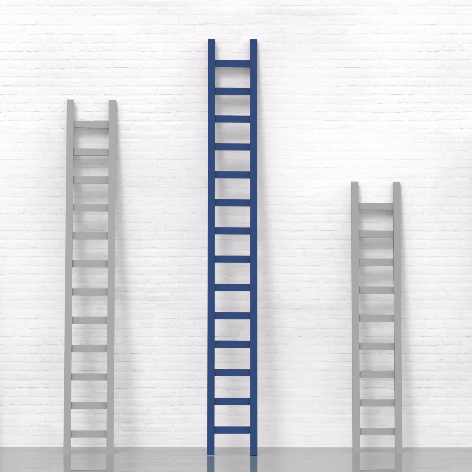 Three ladders leaning against a white brick wall, with a prominent blue ladder in the center standing taller than the two gray ones on either side, symbolizing ambition, leadership, or upward mobility.