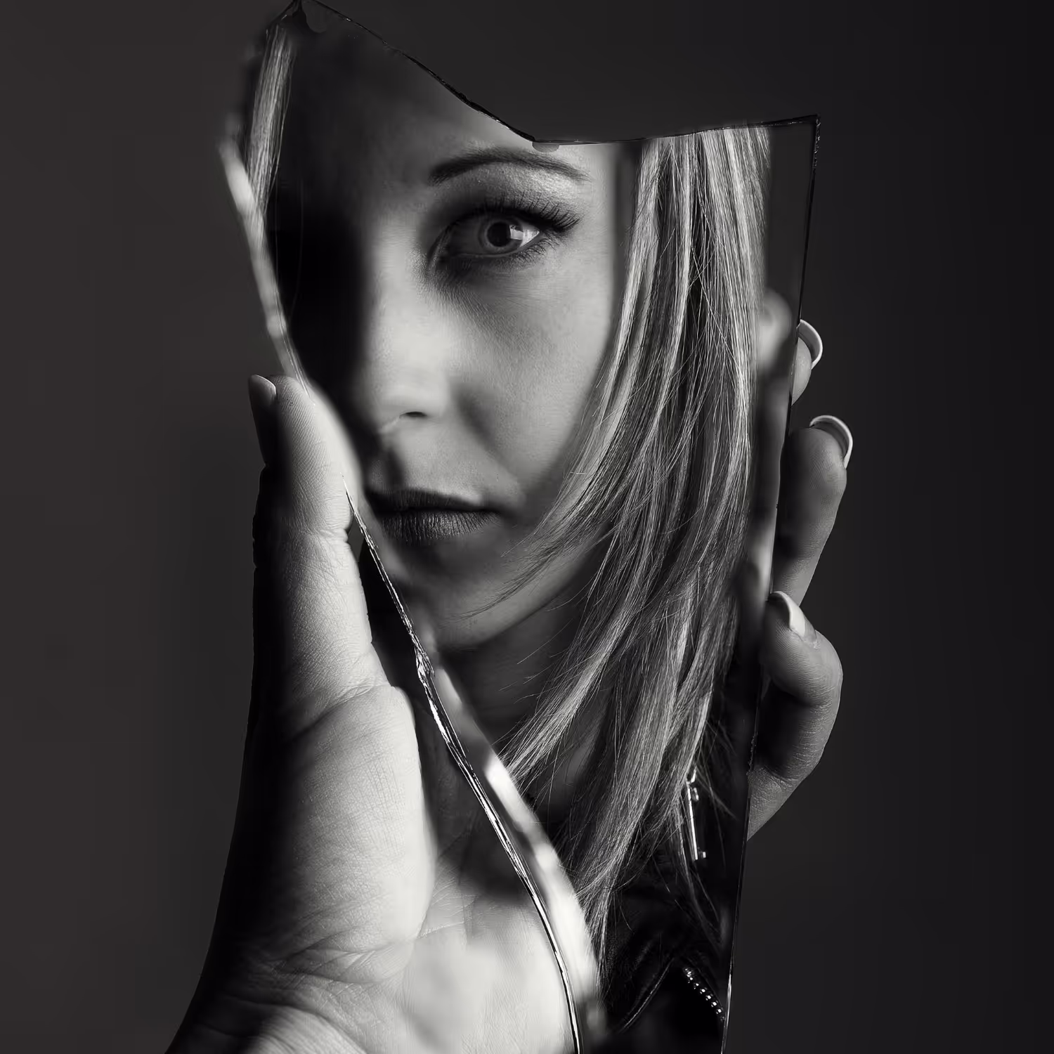 Black and white image of a woman’s face reflected in a shard of broken mirror held in her hand, evoking themes of self-reflection, identity, and fragmentation.