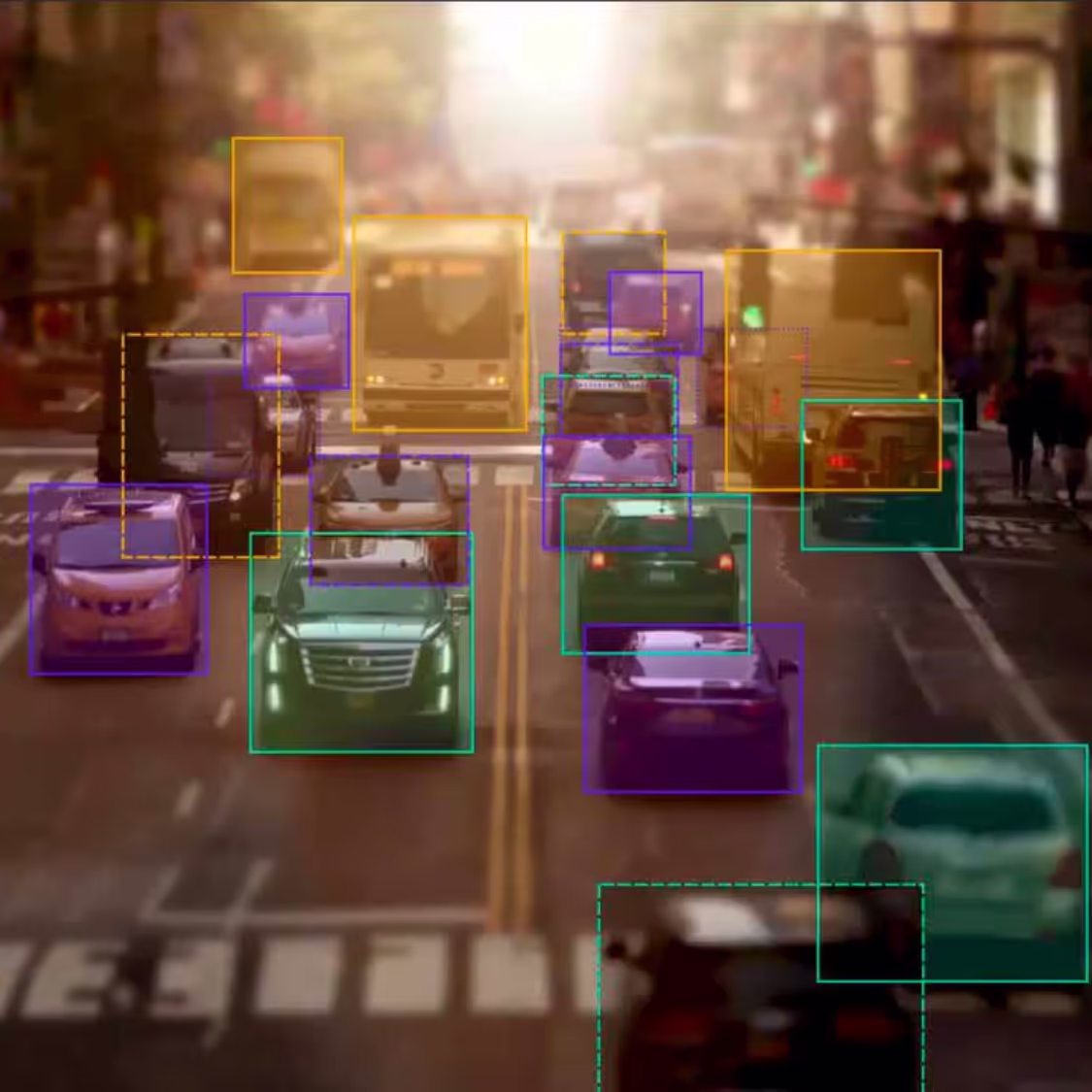Traffic scene analyzed by AI with object detection boxes identifying cars, buses, and pedestrians on a busy city street.
