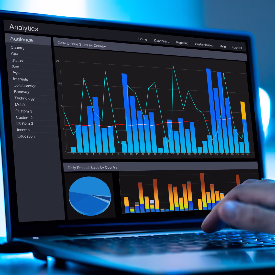 Business intelligence dashboard displaying bar and pie charts on a laptop screen, representing data analytics and cloud-based insights.