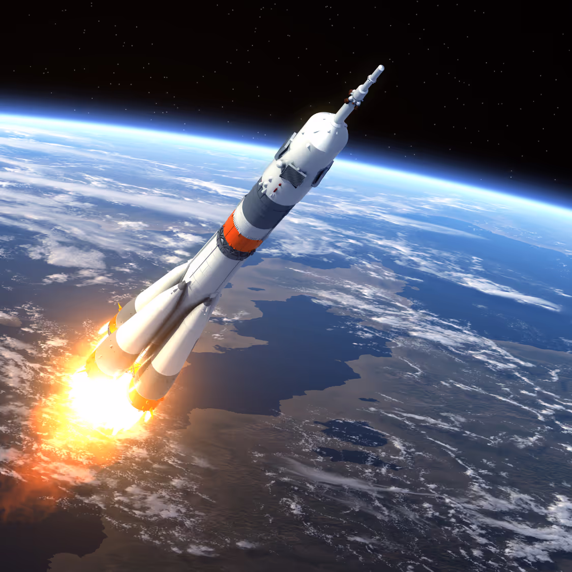 Rocket launching into space above Earth’s atmosphere, highlighting space exploration and advanced aerospace engineering.