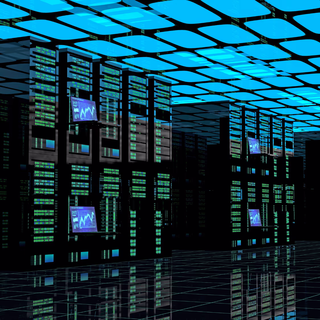 High-performance data center with rows of illuminated servers and digital monitors, representing supercomputing and advanced data processing.
