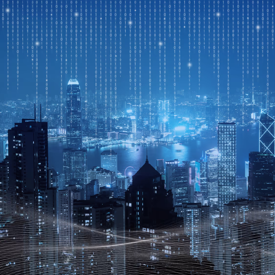 Digitally enhanced city skyline with binary code and data visualization overlay, symbolizing smart city infrastructure and data-driven urban innovation.