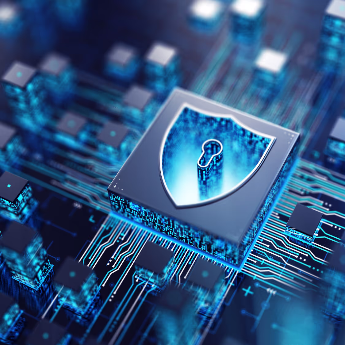 Digital lock and shield icon on a microchip circuit board symbolizing data protection and cybersecurity infrastructure.