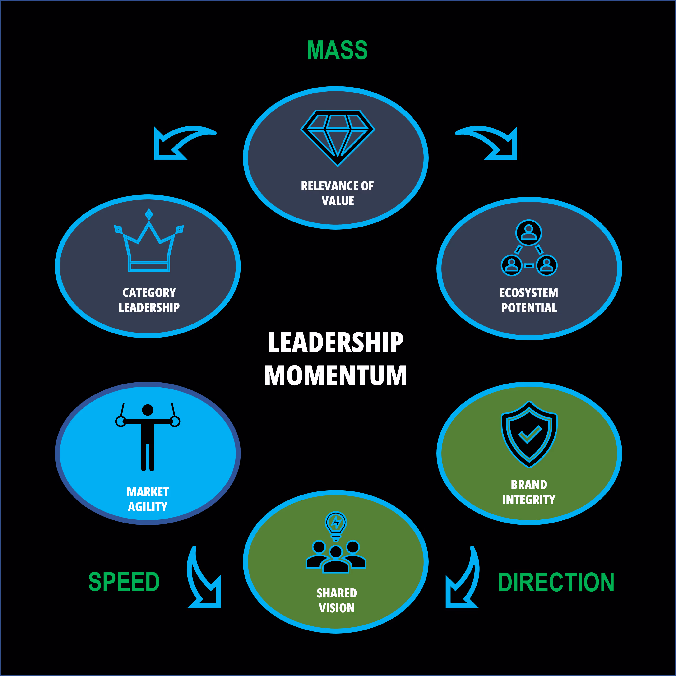 Diagram titled "Leadership Momentum" featuring six elements—Category Leadership, Relevance of Value, Ecosystem Potential, Brand Integrity, Shared Vision, and Market Agility—arranged in a circular layout, illustrating the dynamics of organizational growth in terms of mass, speed, and direction.