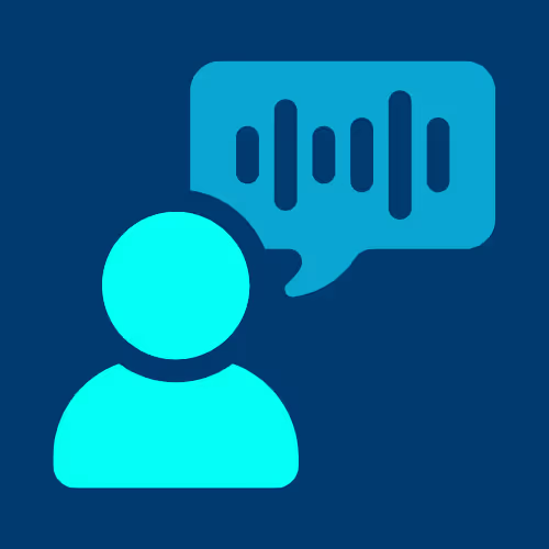 Icon of a single person with a speech bubble containing vertical bars resembling a voice waveform. Represents executive communication or thought leadership through spoken insight.
