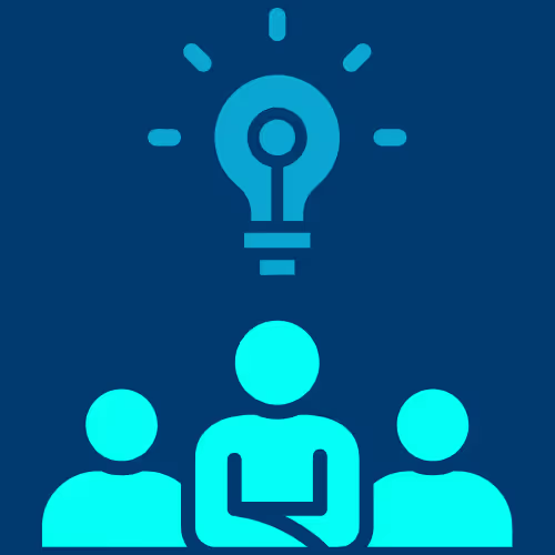 Icon of three people under a large lightbulb, symbolizing shared innovation and insight. Represents collaborative thinking, idea generation, and influential thought leadership.