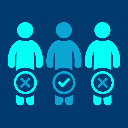 Icon showing three human figures, with the middle one highlighted with a checkmark, while the two on either side have X marks. Represents selecting a standout or uniquely qualified individual among similar candidates—symbolizing competitive differentiation.