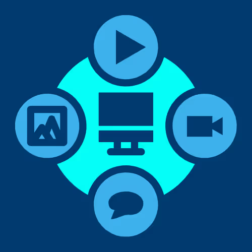 Icon of a computer monitor surrounded by symbols of multimedia content: a play button, a photo, a speech bubble, and a video camera. Represents a comprehensive media strategy utilizing multiple content formats.