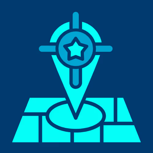Icon of a map pin with a star in the center, placed on a stylized map grid. Represents strategic market or brand positioning to stand out in a specific location or category.