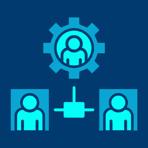 Icon showing a central figure within a gear, connected to two smaller figures via lines. Illustrates a leadership role shared across different teams or departments—representing fractional or part-time leadership.