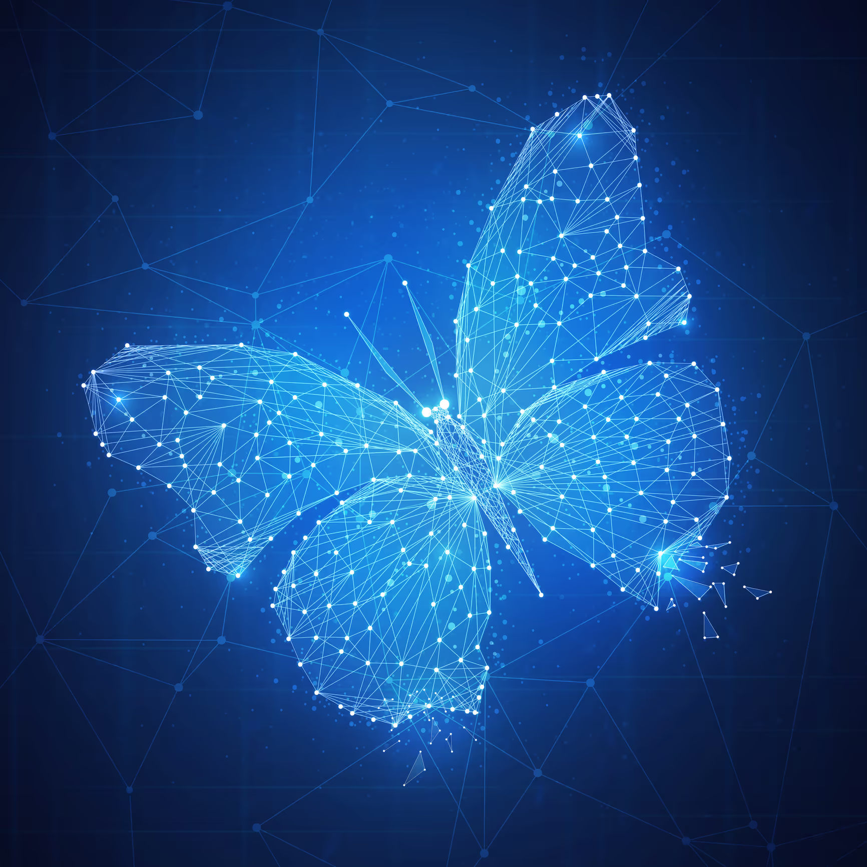 Glowing blue butterfly composed of interconnected digital nodes and lines against a dark background, symbolizing transformation, innovation, and the convergence of nature and technology.