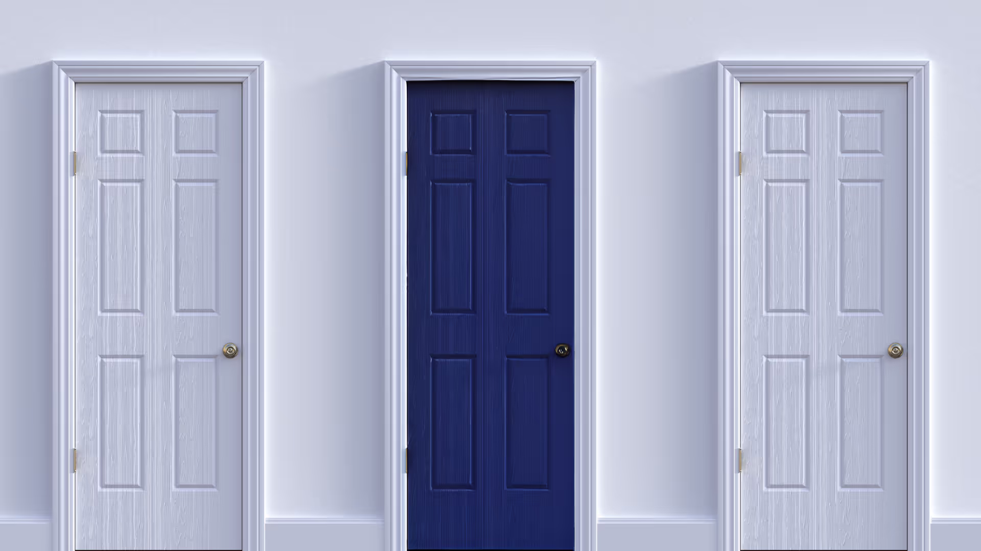 Three closed doors on a white wall, with the center door painted dark blue and the other two in light gray, symbolizing choice, opportunity, and decision-making.