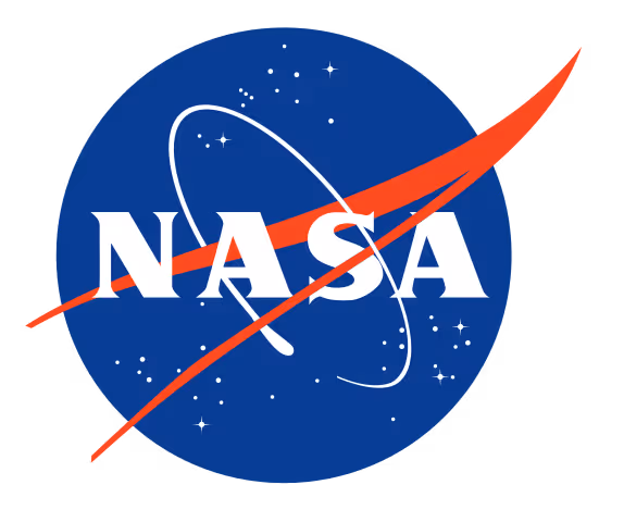 NASA logo, also known as the "meatball" insignia, featuring white NASA text over a blue sphere with stars, a red vector symbol, and a white orbital path.
