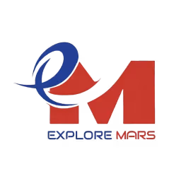 Explore Mars organization logo featuring a red stylized "M" intertwined with a blue "e," and the words "Explore Mars" beneath it.