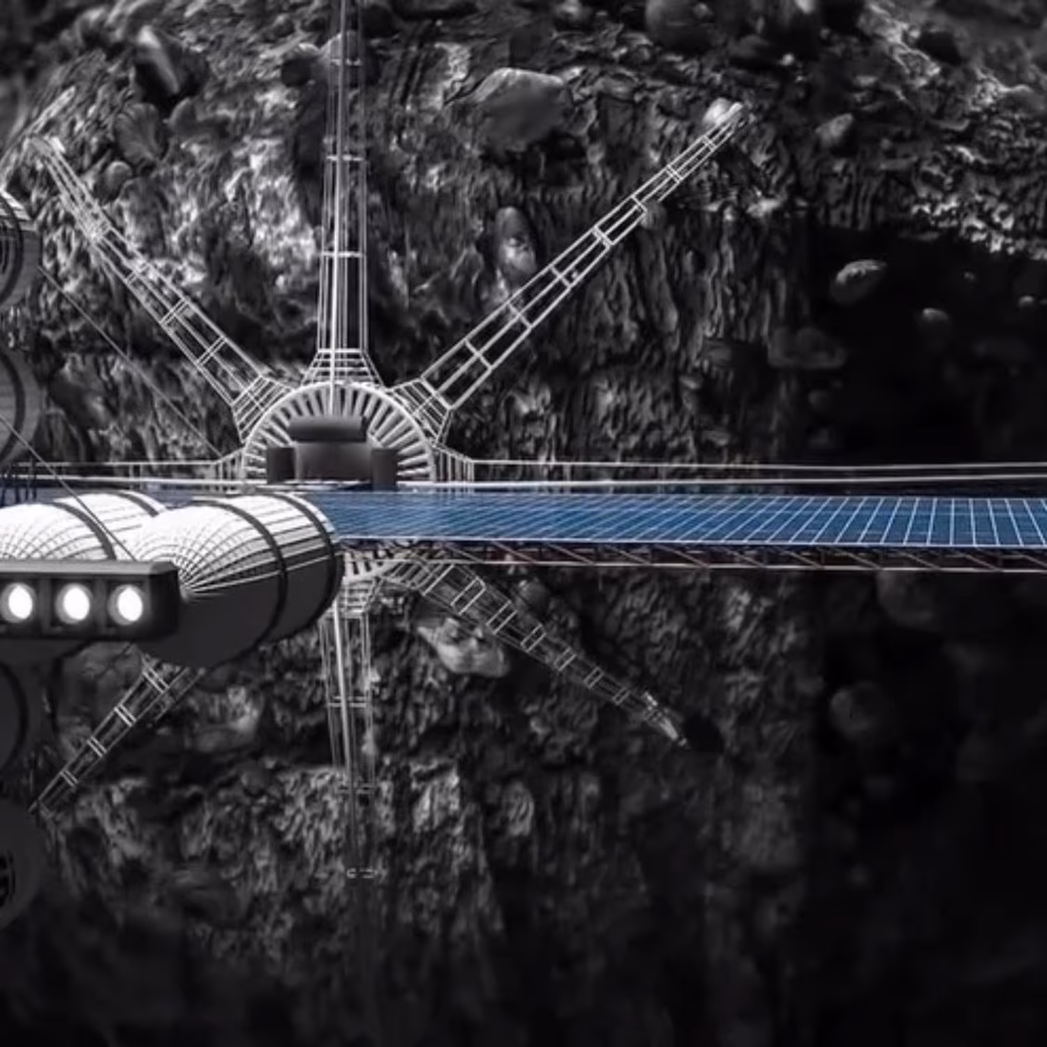 Conceptual image of a space mining operation showing a large structure with solar panels and tethered arms extending onto the surface of an asteroid.
