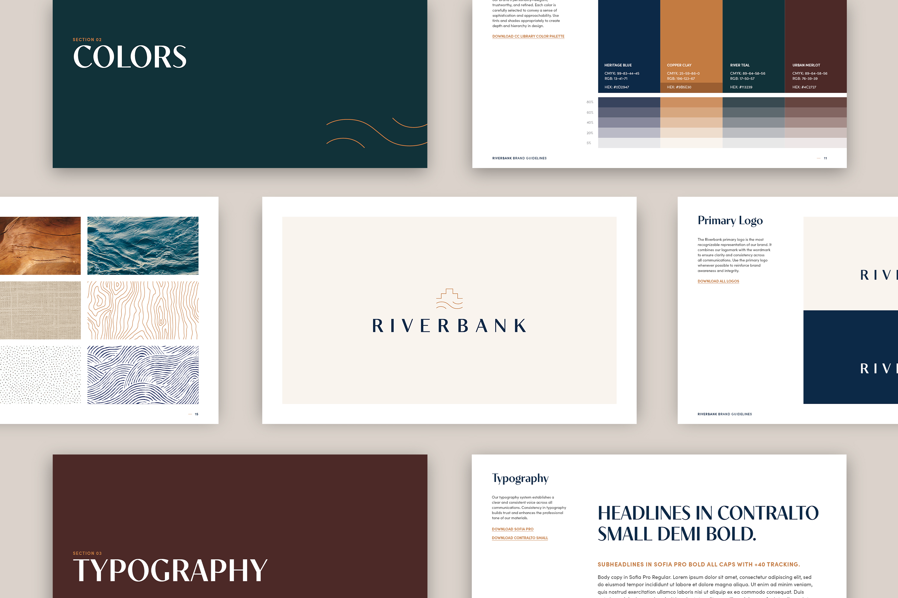 Riverbank brand guidelines showing visual identity by Sabato Design